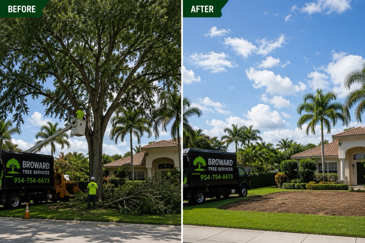 Before and after tree removal at a Broward County home - overgrown tree cleared and yard cleaned up