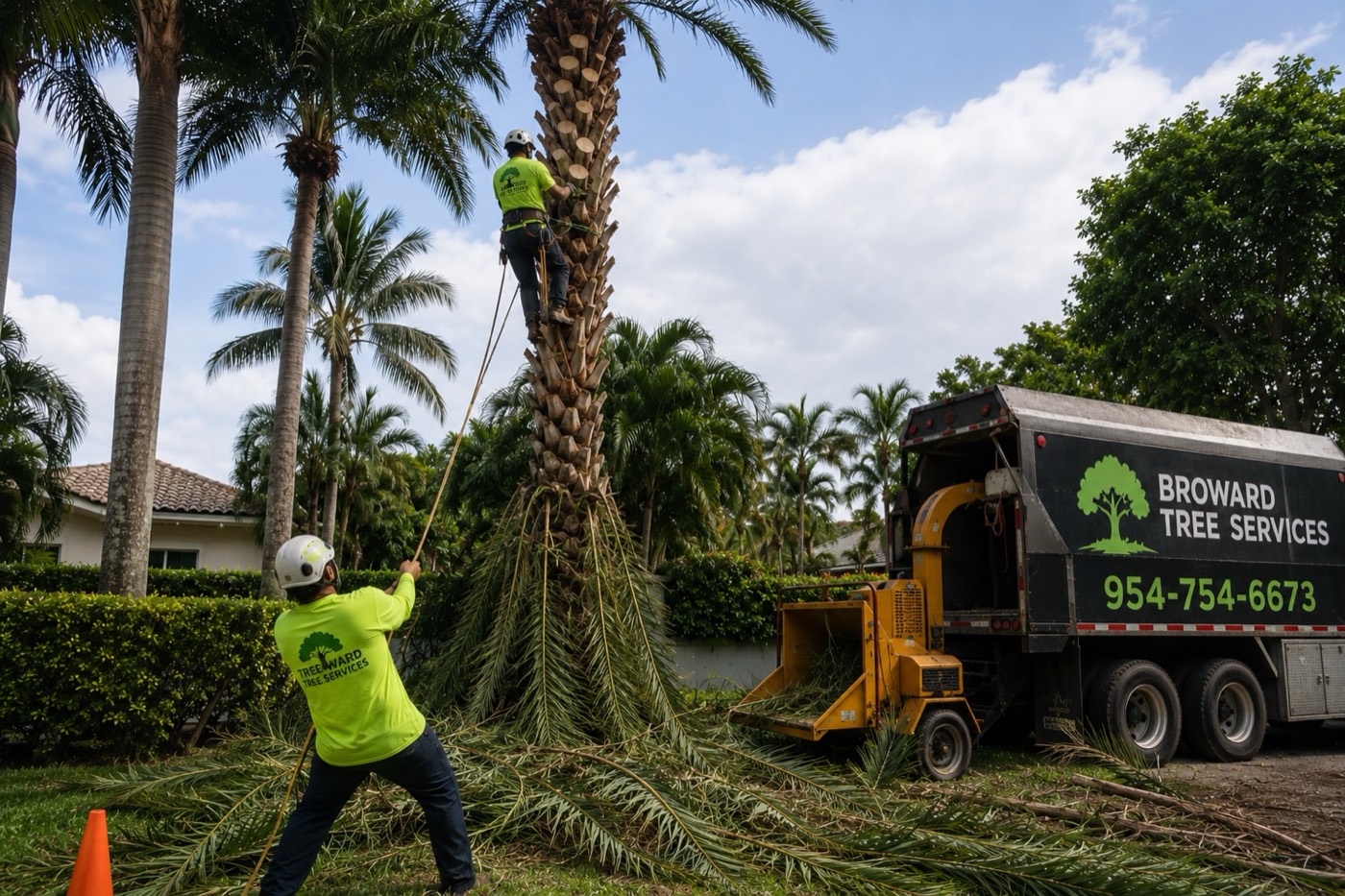 Broward Tree Services crew trimming a tall palm with a branded chipper truck
