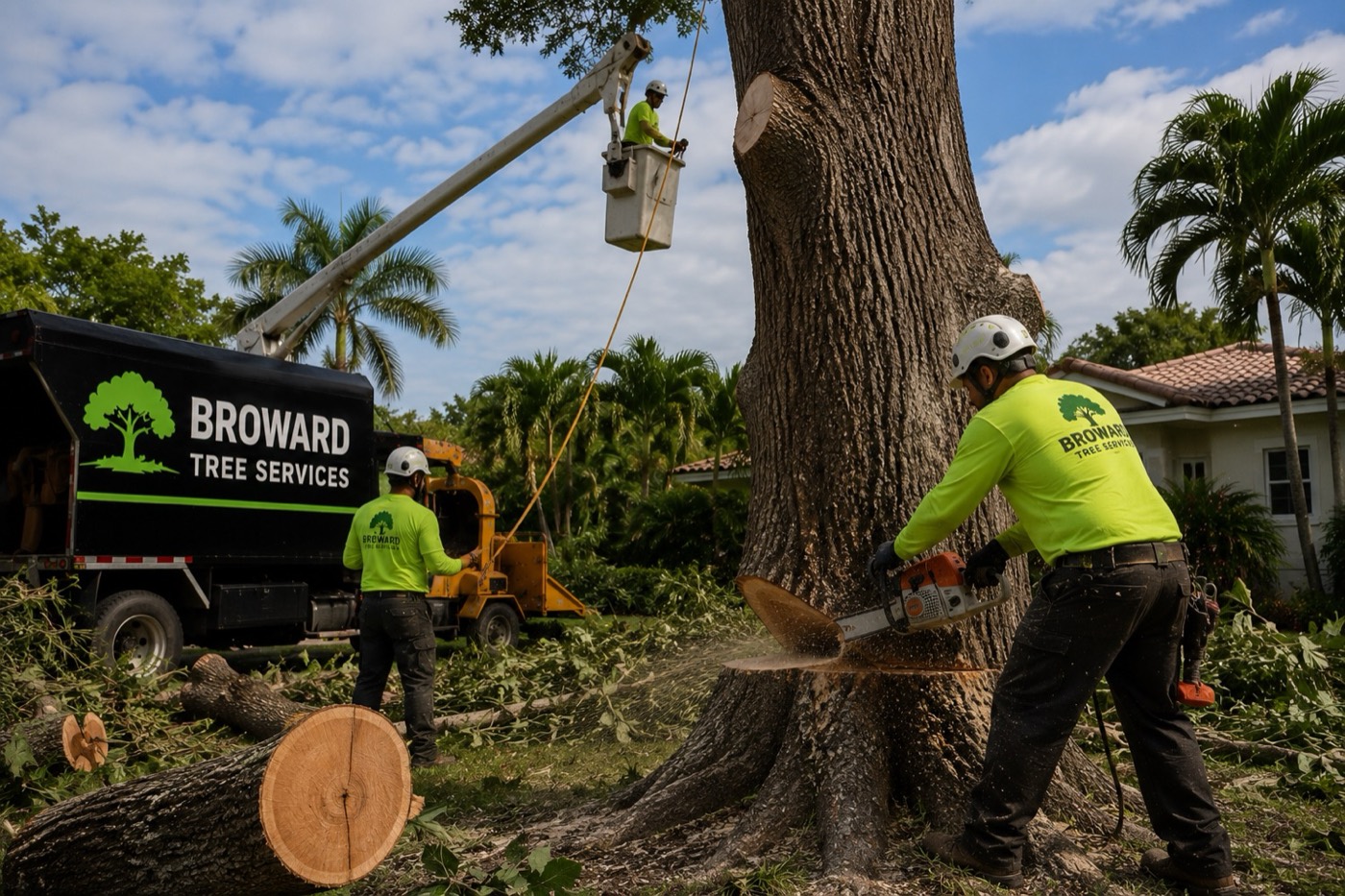 Broward Tree Services arborist felling a large oak with a chainsaw and bucket truck